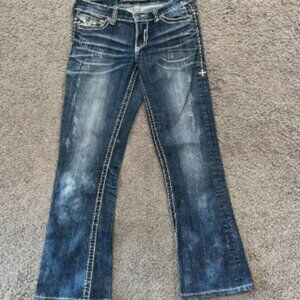 AFFLICTION 73 MMA JADE Top Stitched Denim Distressed Low Rise Flare Jeans EUC 27